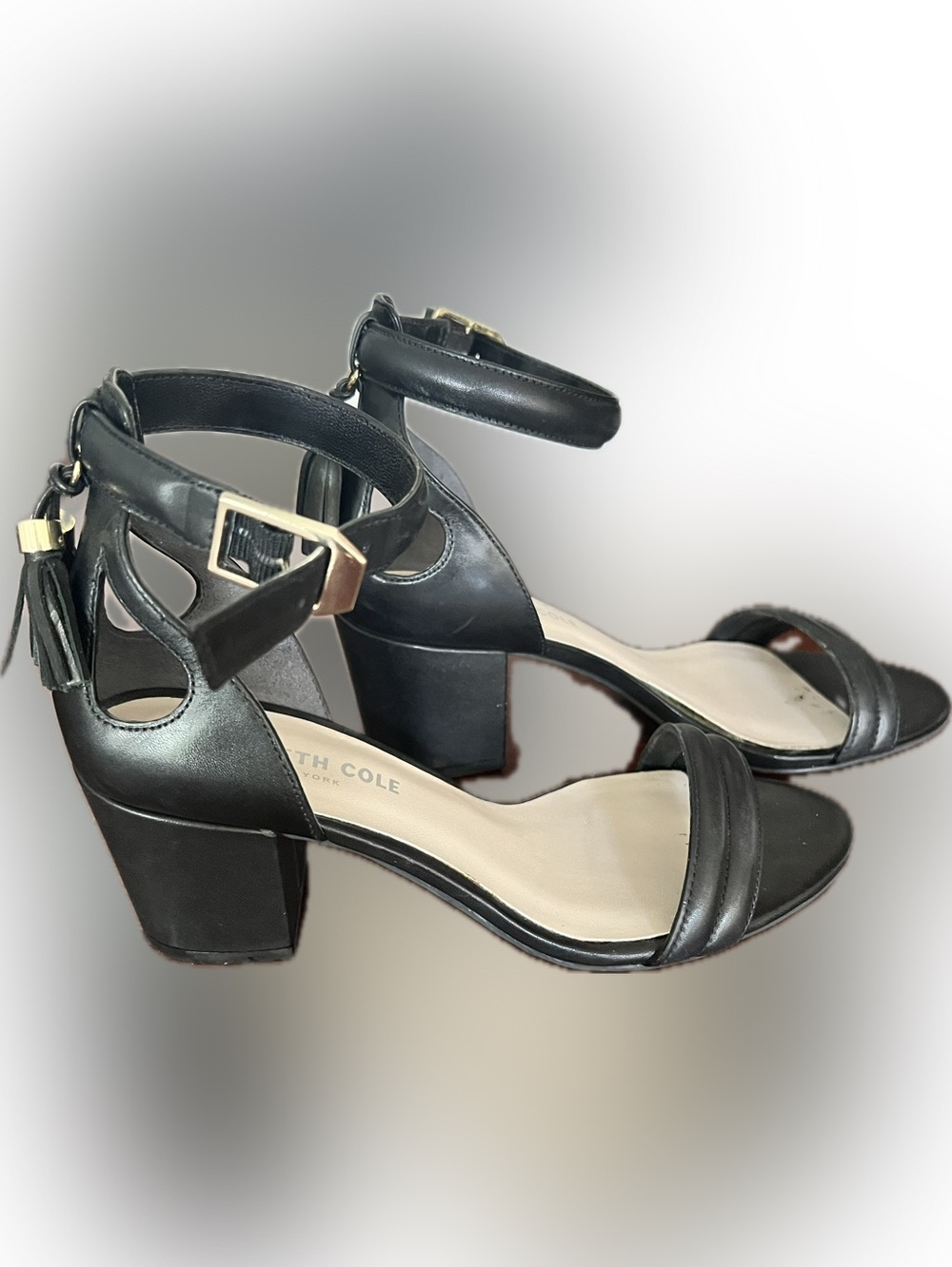 Kenneth Cole Black Leather Ankle-Strap Block Heel Sandals